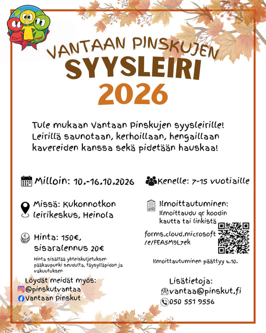 Syysleiri 10.-16.10.2026, Heinolassa